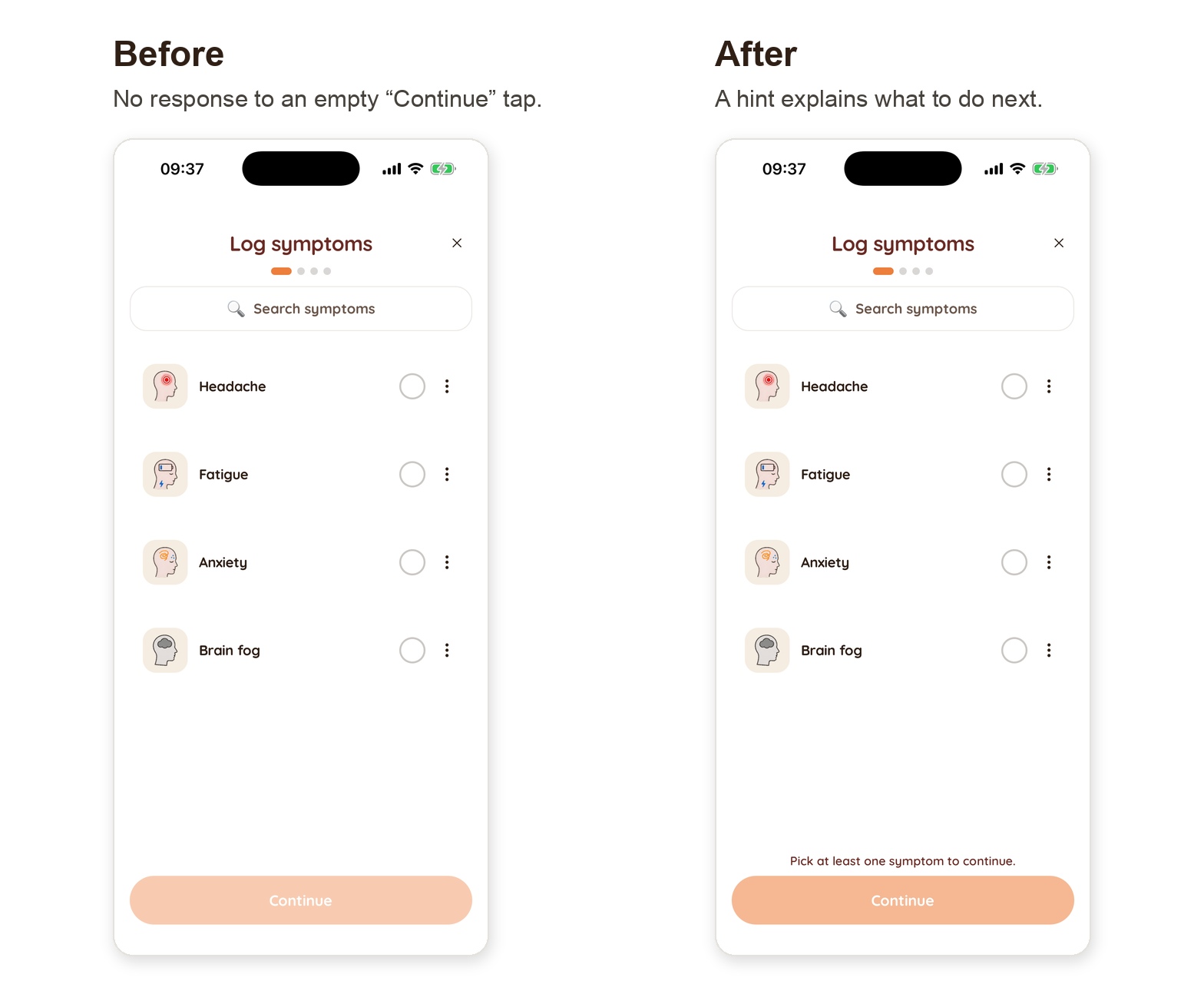 Juno's symptom log before and after a self-driving fix